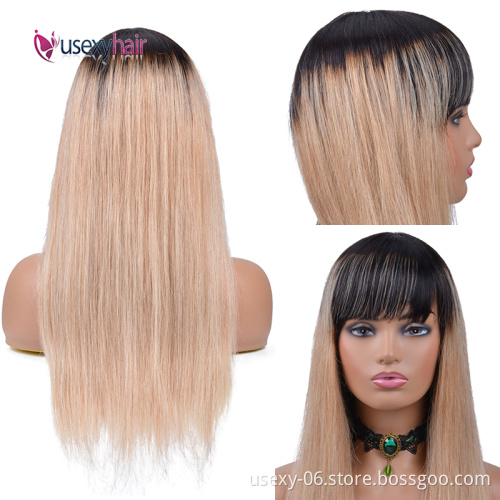 Color 1B 27 Human Hair Wigs With Bangs Full Machine Made Fringe Wig Ombre Colored Straight Brazilian Virgin Hair Wigs